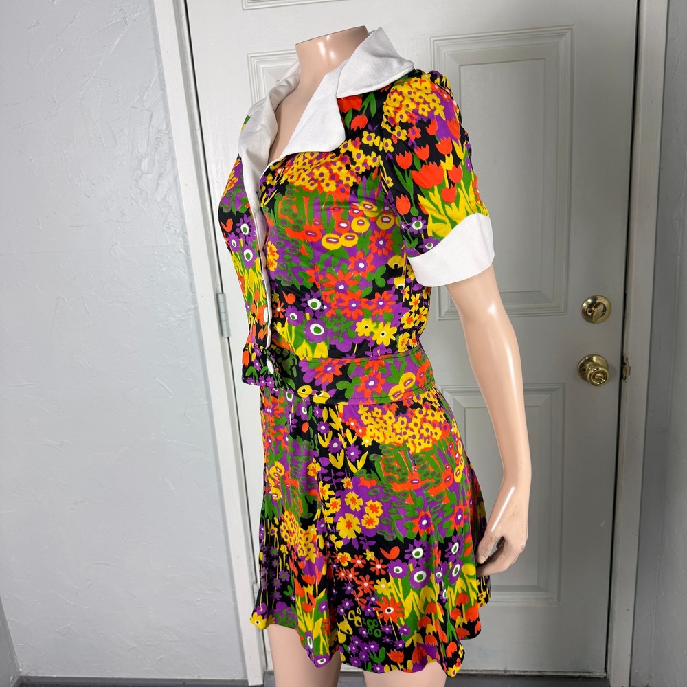 Vintage 70s Polyester Knit Mini Dress Party Skirt Top Set Floral Vibrant H3-18 - Picture 3 of 7